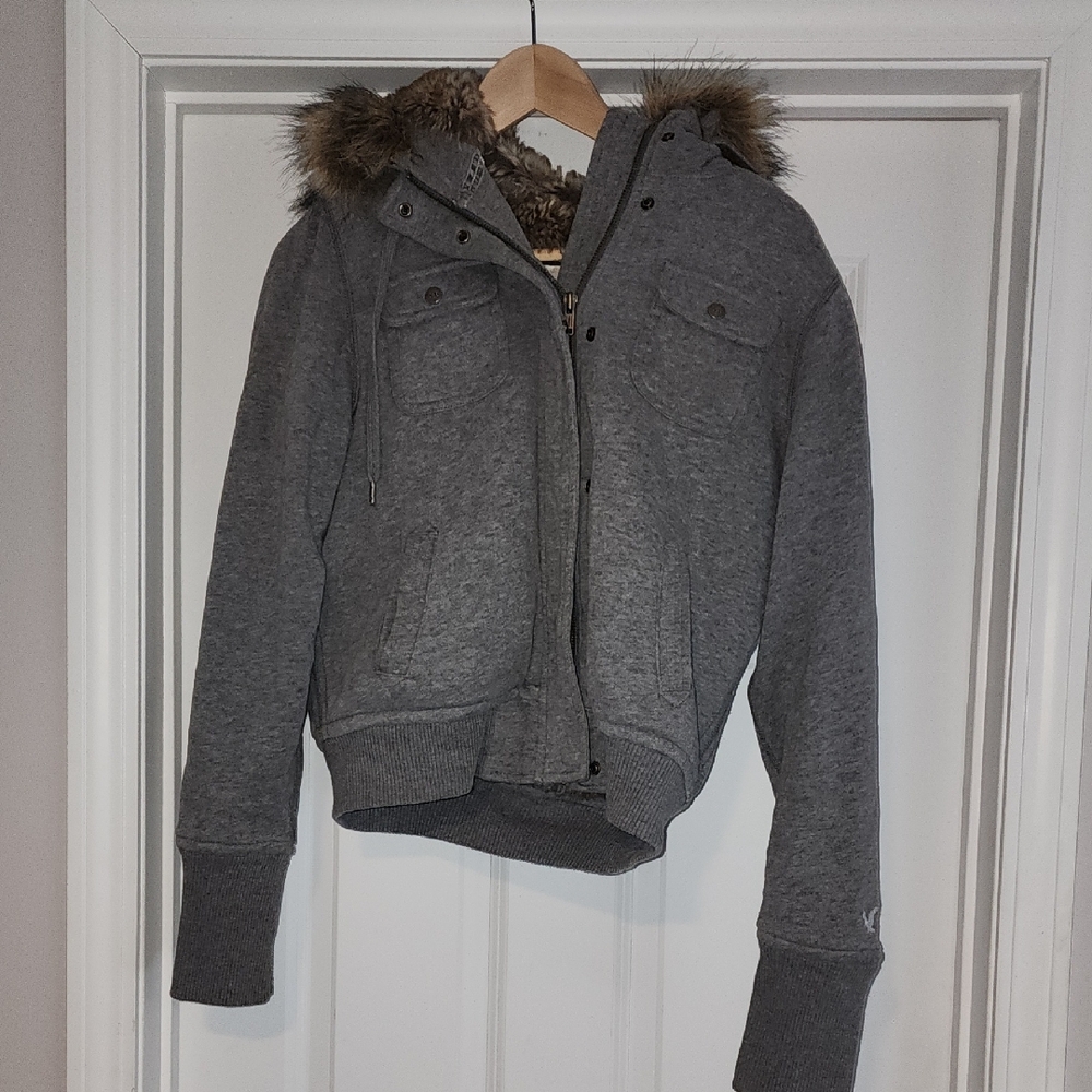 American Eagle Outfitters Gray Bomber Jacket with Faux Fur Lining And Hood